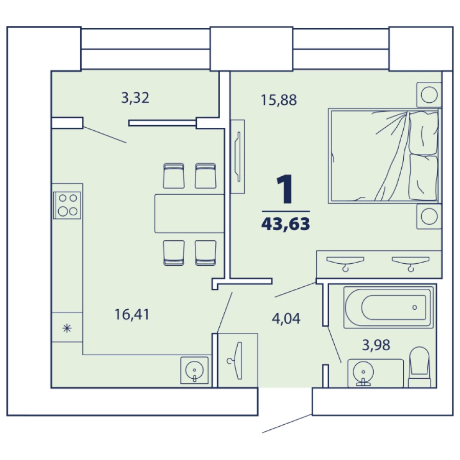 1-ая квартира площадью 43,63 м2 с просторной кухней